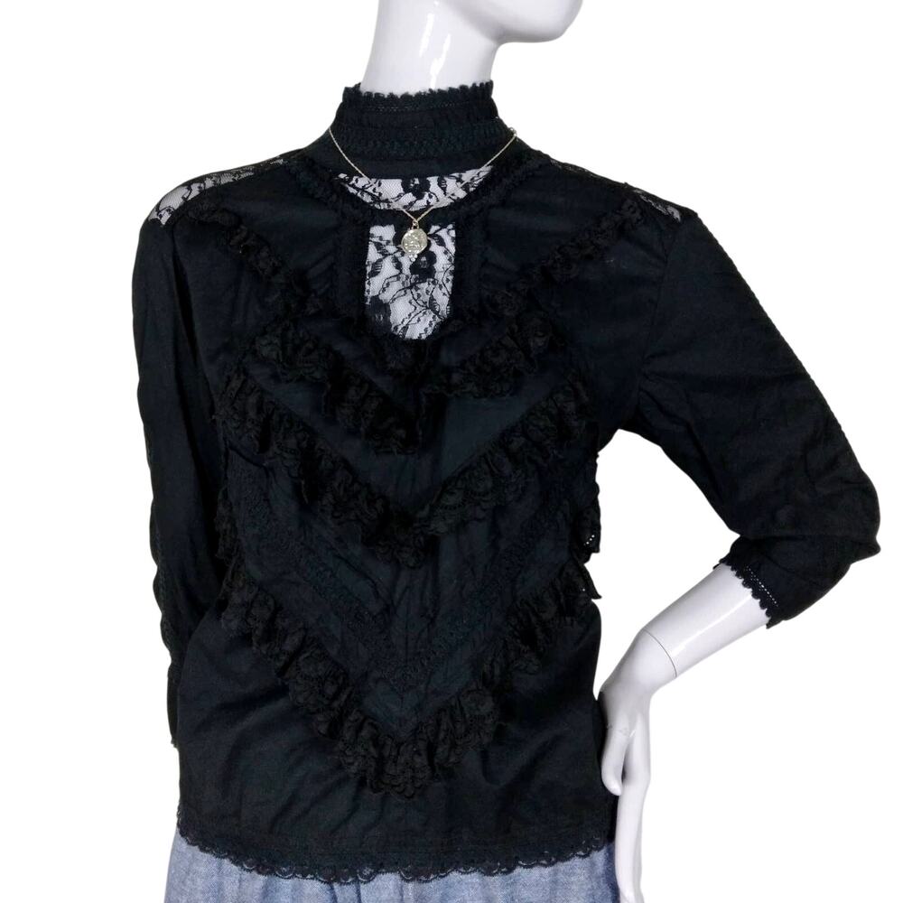 Cottagecore Mix It blouse size M black mock neck 3/4 sleeve lace keyhole